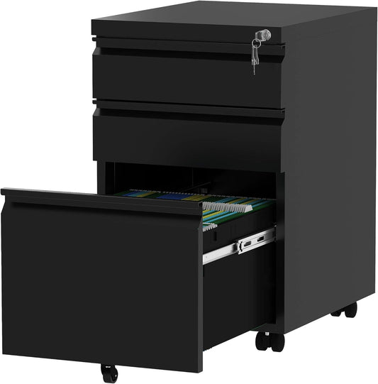 YITAHOME 3-Drawer Mobile File Cabinet with Lock, Office Storage Filing Cabinet for Legal/Letter Size, Pre-Assembled Metal File Cabinets Except Wheels Under Desk -Black
