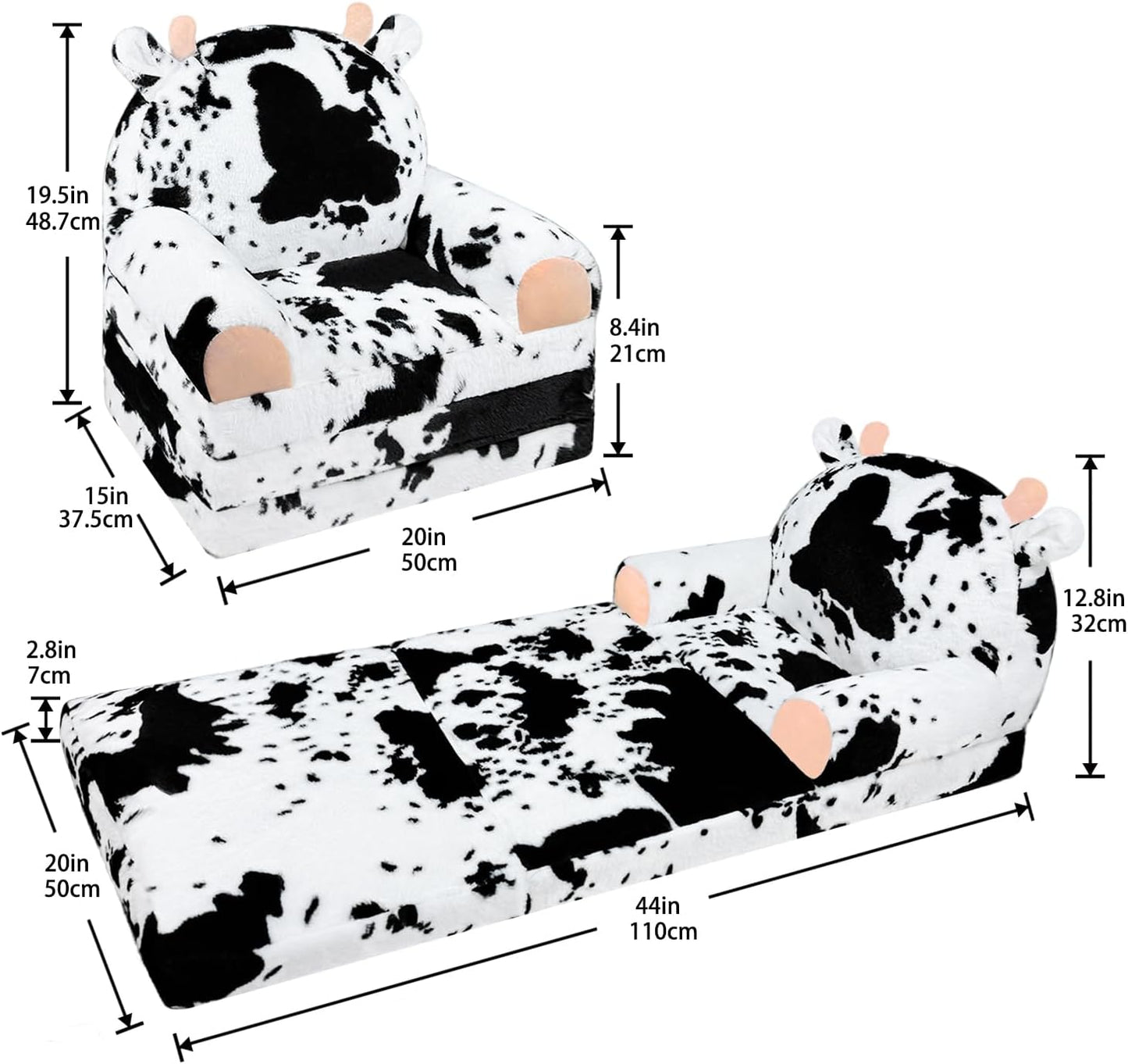 Toddler Chair with Faux Rabbit Fur – 2-in-1 Foldable Kids Couch, Soft Sofa for Reading, Napping, Bedroom or Playroom Use, 18 Months+ （Cow）
