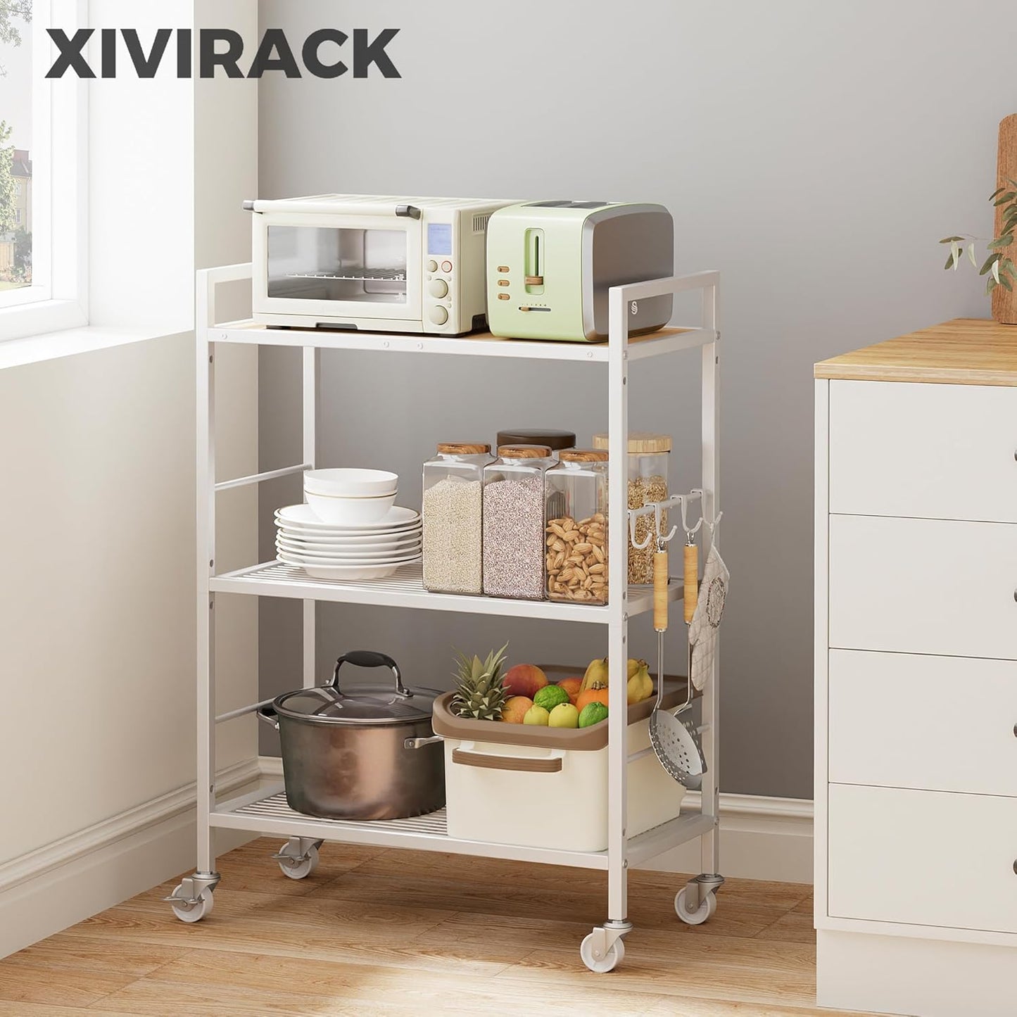 3-Tier Metal Storage Rack with Industrial Wheels,Mesh Shelving Unit with Wooden Table top,Adjustable Shelf,23.6-Inch Width,for Kitchen,Laundry,Pantry,Plant,Oak panel and white frame