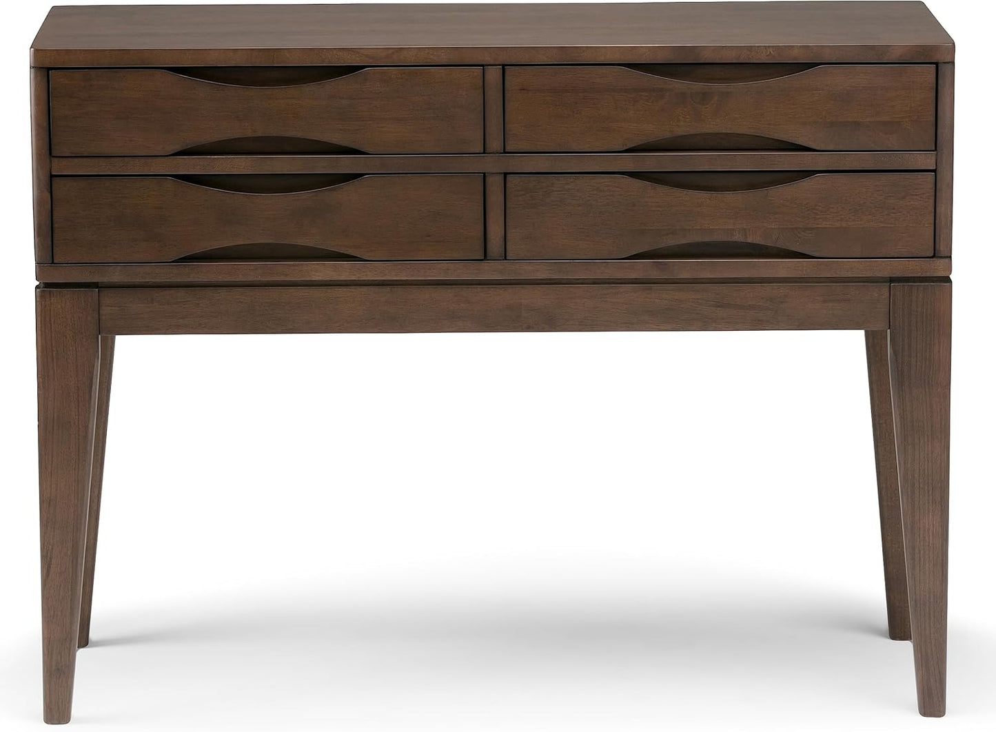 SIMPLIHOME Harper Console Table - 40 Inch Wide Solid Hardwood Sofa Table in Walnut Brown, Mid-Century Modern Storage Table for Entryway or Living Room with 4 Drawers, Notched Handles, and Tapered Legs