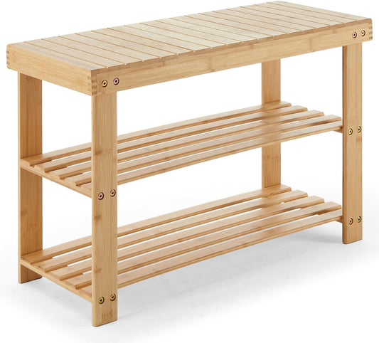 Sweetcrispy Shoe Rack Bench, 3-Tier Bamboo Entryway Storage Organizer, 286lb Capacity, Shoes Stand for FrontDoor Entrance, Bedroom, Living Room, Bathroom, Balcony, 11.3 x 27.6 x 17.8 Inches, Wood