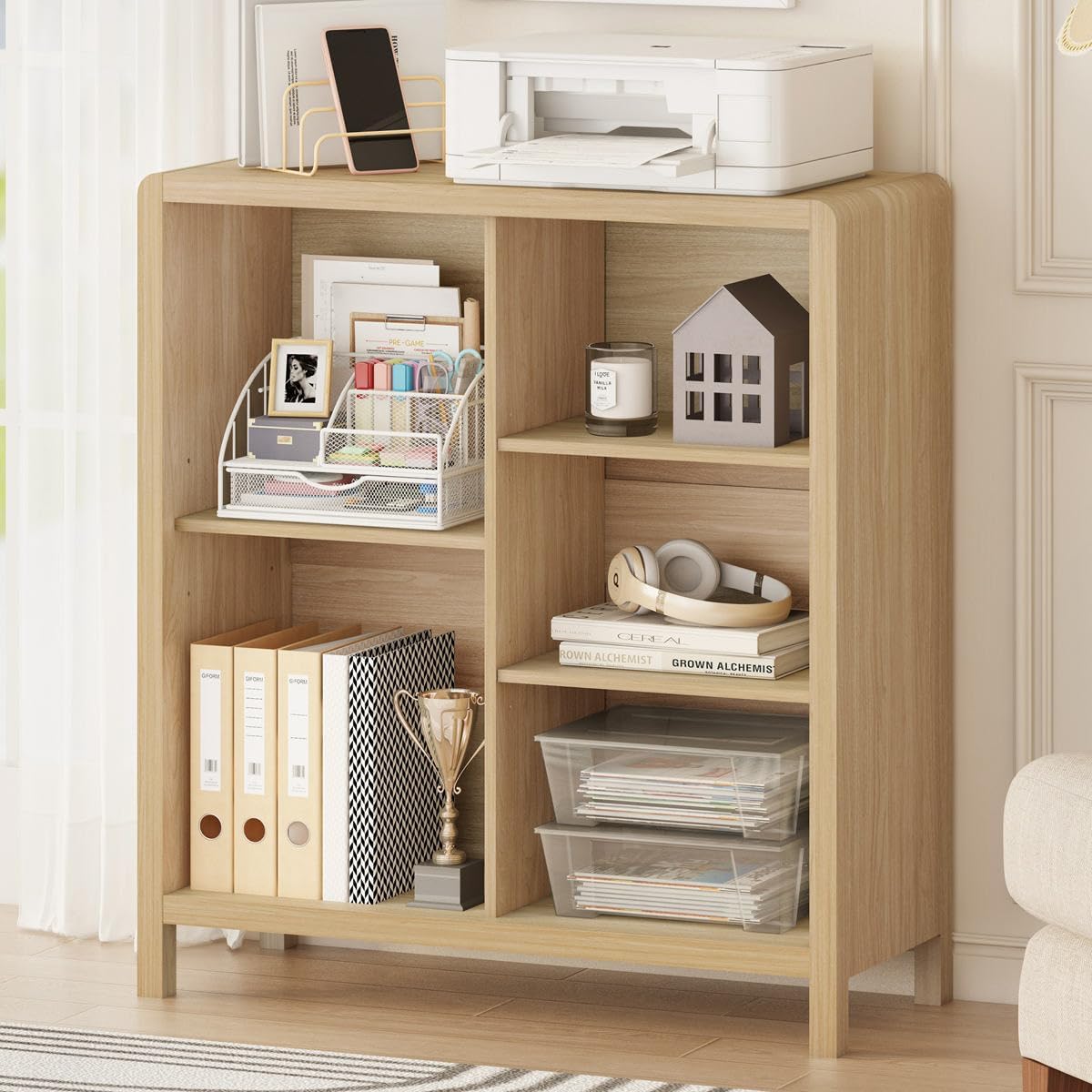 FATORRI 5 Cube Bookshelf, Wood Bookcase with 3 Adjustable Shelves, Modern Cube Storage Organizer Shelf for Home Office (Light Walnut)