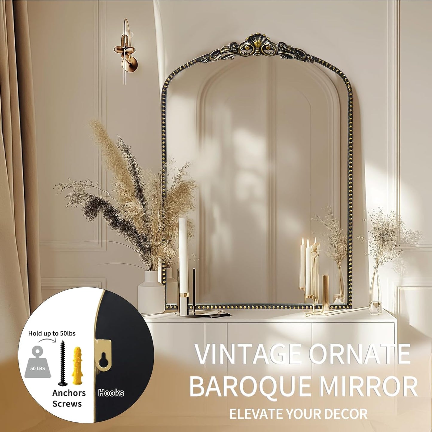 G-LEAF Vintage Baroque Mirror 24"X36", Victorian Antique Farmhouse Mantel Mirror with Black Brush Gold Ornate Metal Frame for Fireplace Entryway Living Room Hallway Bathroom