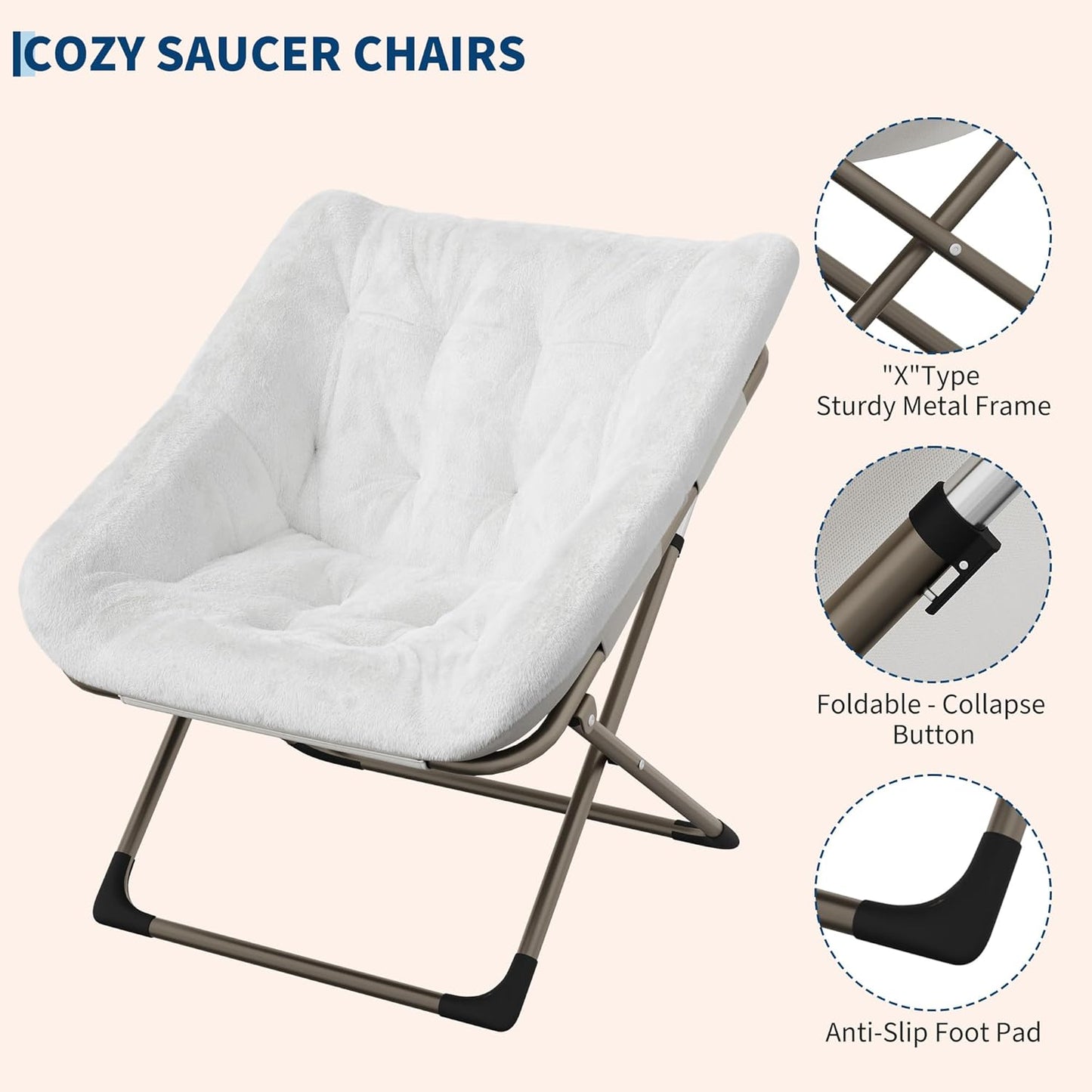 Comfy Chair for Adults, Foldable Living Room Chairs, Soft Faux Fur Folding Lounge for Bedroom Living Room Dorm Rooms, Flexible Reading Chair for Teens (2, White, X-Large)