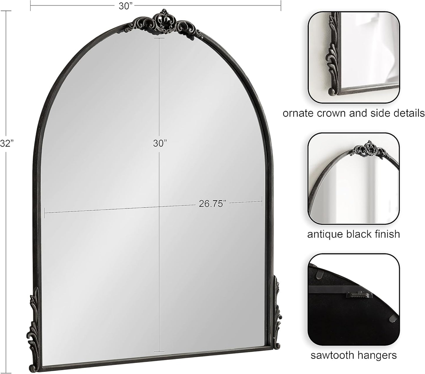 Kate and Laurel Myrcelle Traditional Arched Mirror; 30 x 32; Black; Decorative Large Arch Mirror with Ornate Garland Detailing Along The Crown and Edges of The Frame