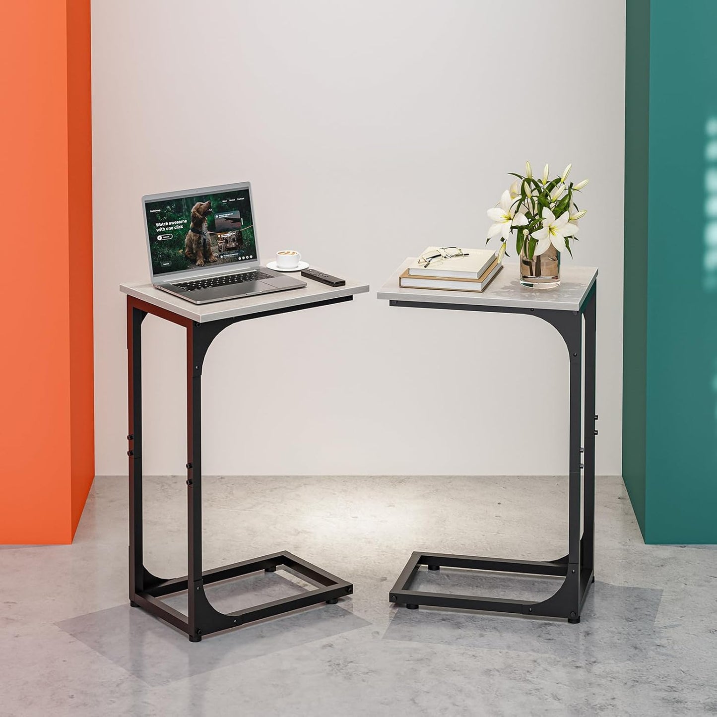 C-Shaped Side Table for Couch - Small Coffee Stand Sofa Tray Desk with Metal Frame and Waterproof Scratch Resistant, Modern End Accent for Living Room, Bedroom, Set of 2, Greige