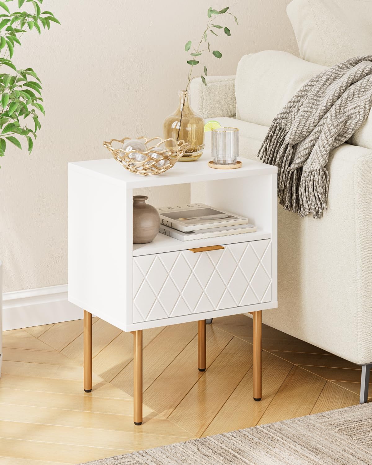 Nightstand,Morden Bedside Table with Gold Frame,Small White Night Stand,End Table,Bedside Furniture,Side Table with Drawer and Shelf for Bedroom,Living Room (1Drawer, White-Square)