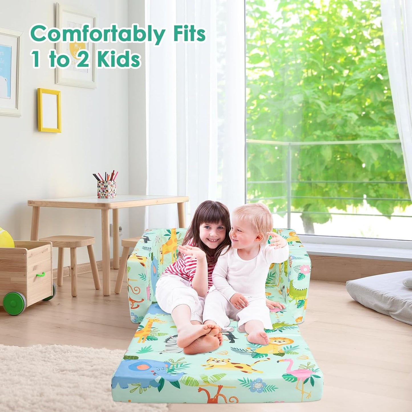 Foldable Kids Sofas Couch 2 in 1 Children Convertible Sofa to Lounger Flip Open Toddlers Sofa Bed