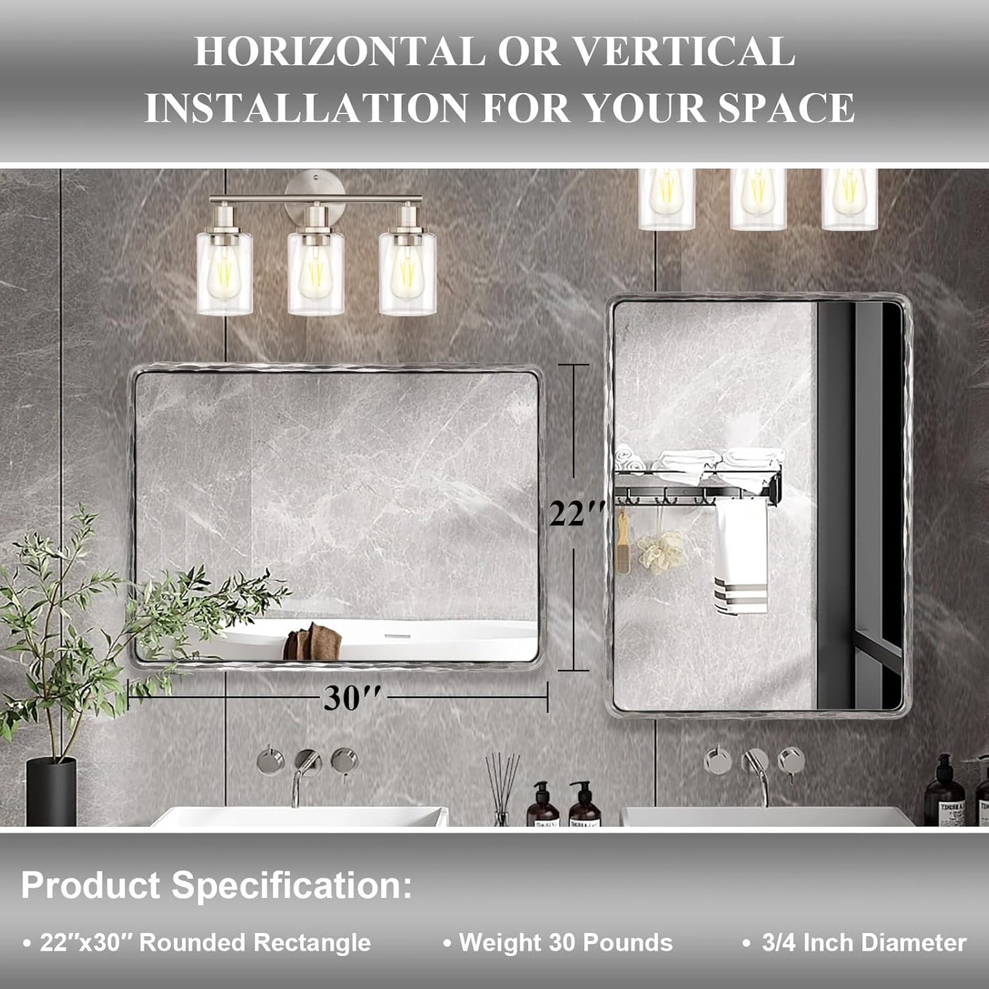 ANDY STAR Hand-Forged Silver Bathroom Mirrors for Wall, 22x30 Inch Vintage Solid Steel Metal Frame Bathroom Vanity Mirror, Antique Rounded Rectangle Wall Mirror, Hangs Horizontally or Vertically