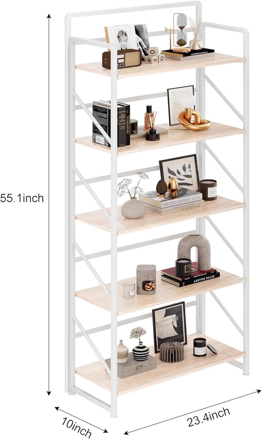 JSB Folding Bookshelf,Industrial Storage Shelves, No Assembly Vintage Wood Look Bookshelf with Storage Shelves for Living Room, Bedroom, Office (White, 5-Tier)