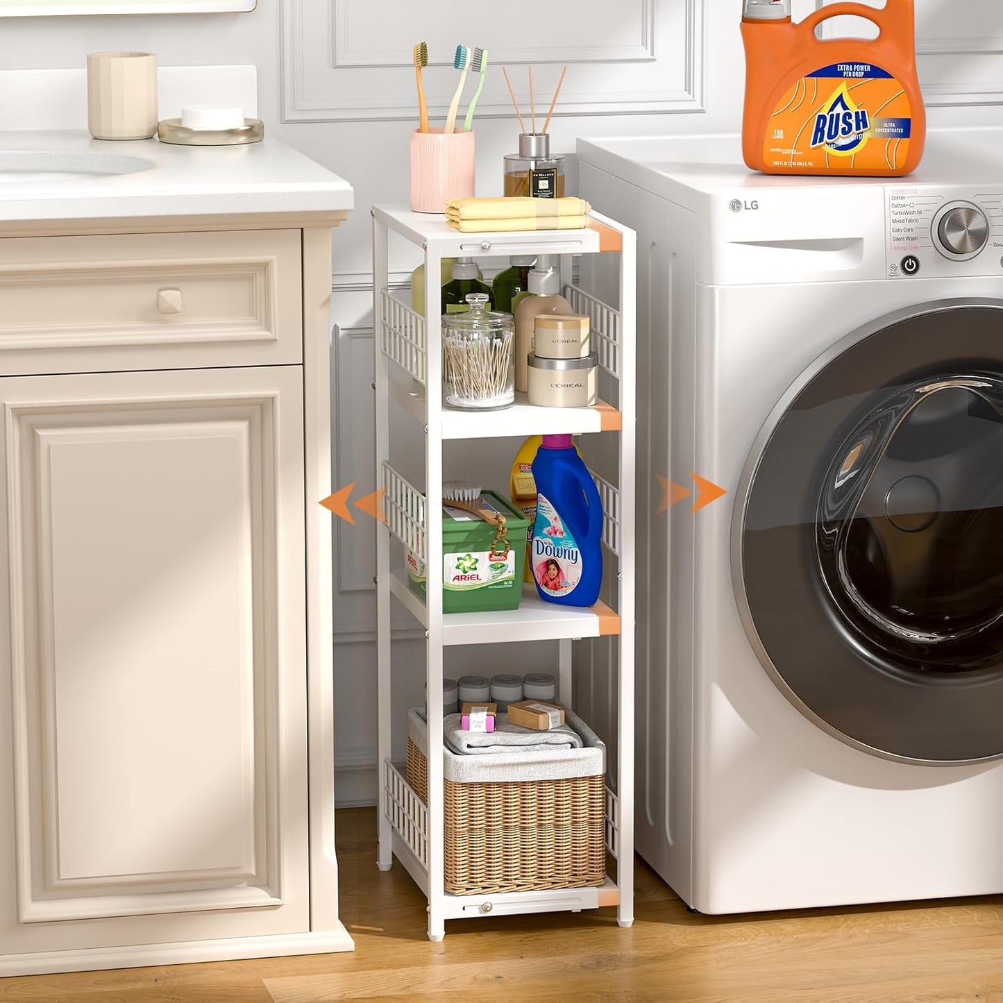 4 Tier Expandable Slim Storage Shelf, Metal Shelving Unit for Bathroom Storage Organizer, Freestanding Narrow Shelf for Small Spaces, Open Floor Shelves for Bathroom, Laundry Room, Kitchen,White