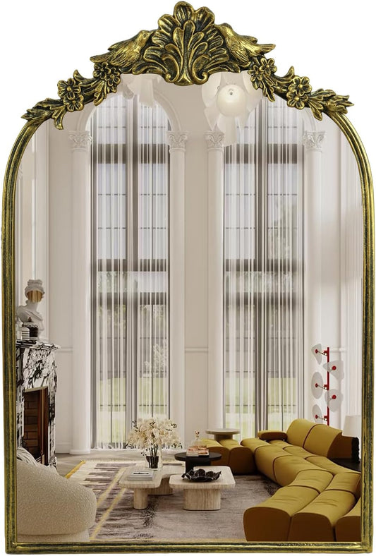 Retro Palace Style Mirror, Antique French Retro Arch Mirror, Suitable for Bathroom, Living Room, Bedroom, Fireplace, Corridor，Can be Used for Decoration