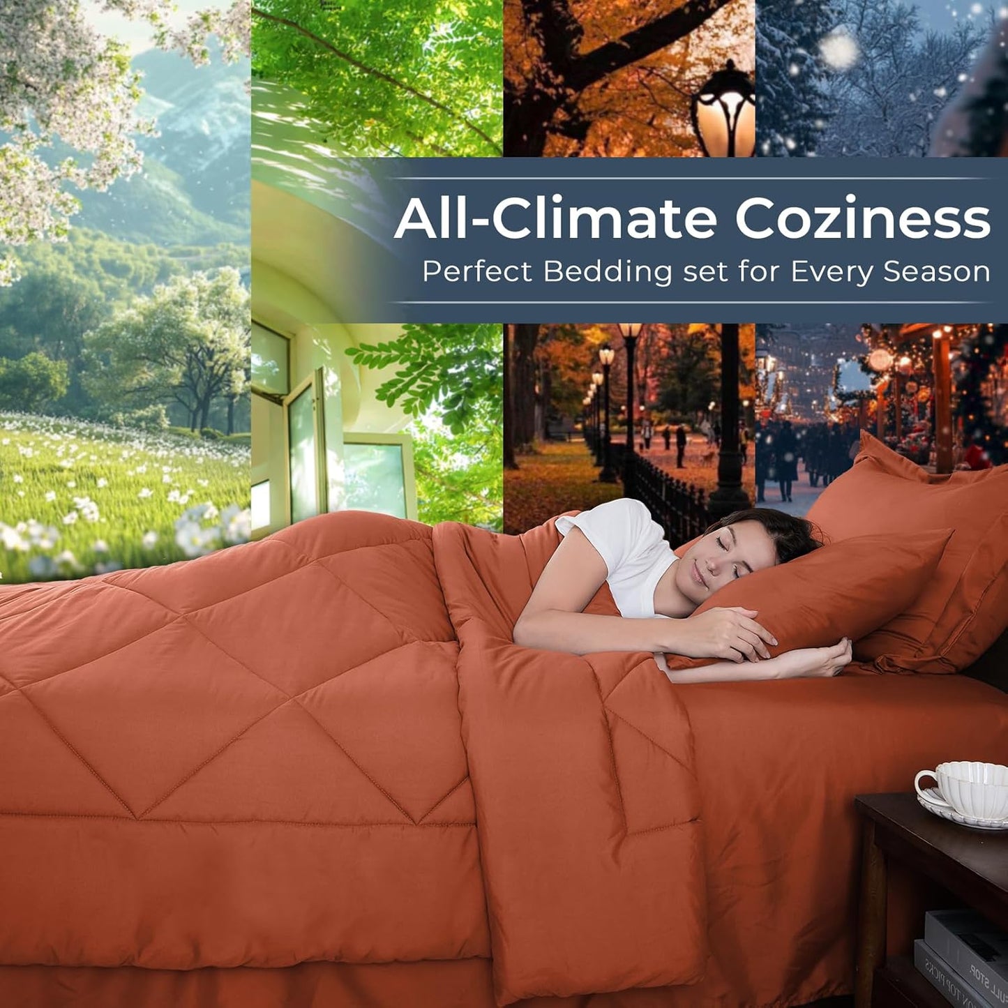 HEVUMYI Burnt Orange Cali-King Comforter Set - 7-Piece All Season Bed in a Bag Cali-King, Ultra Soft Bedding Set with Comforter, Flat Sheet, Fitted Sheet, Pillowcases, Pillow Shams