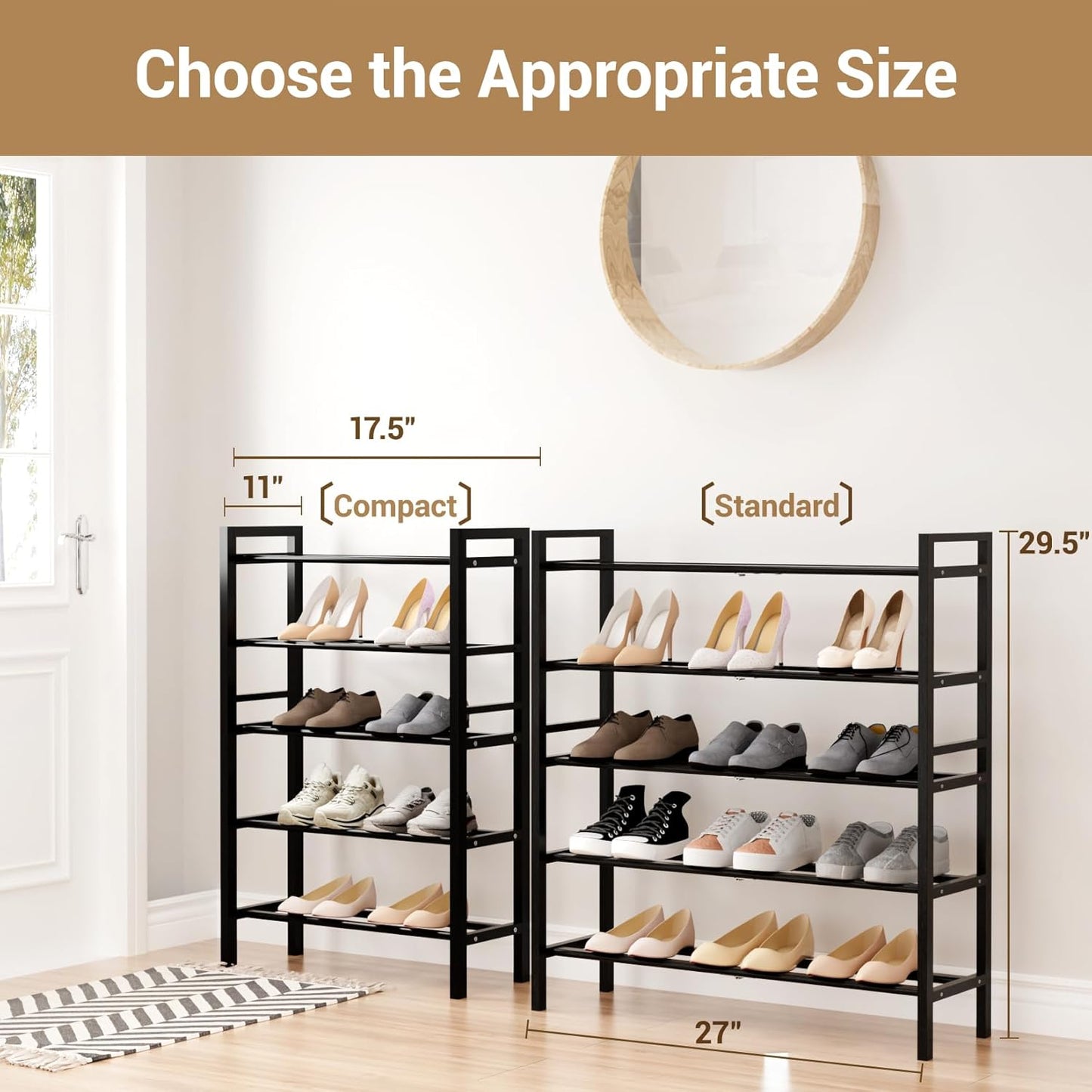 Haddockway Bamboo Shoe Rack for Closet, Free Standing Shoe Organizer with Smooth Round Rods & Convenient Handles, Stackable Shoe Storage Shelf for Entryway, Hallway(Black, 5-Tier(Small))