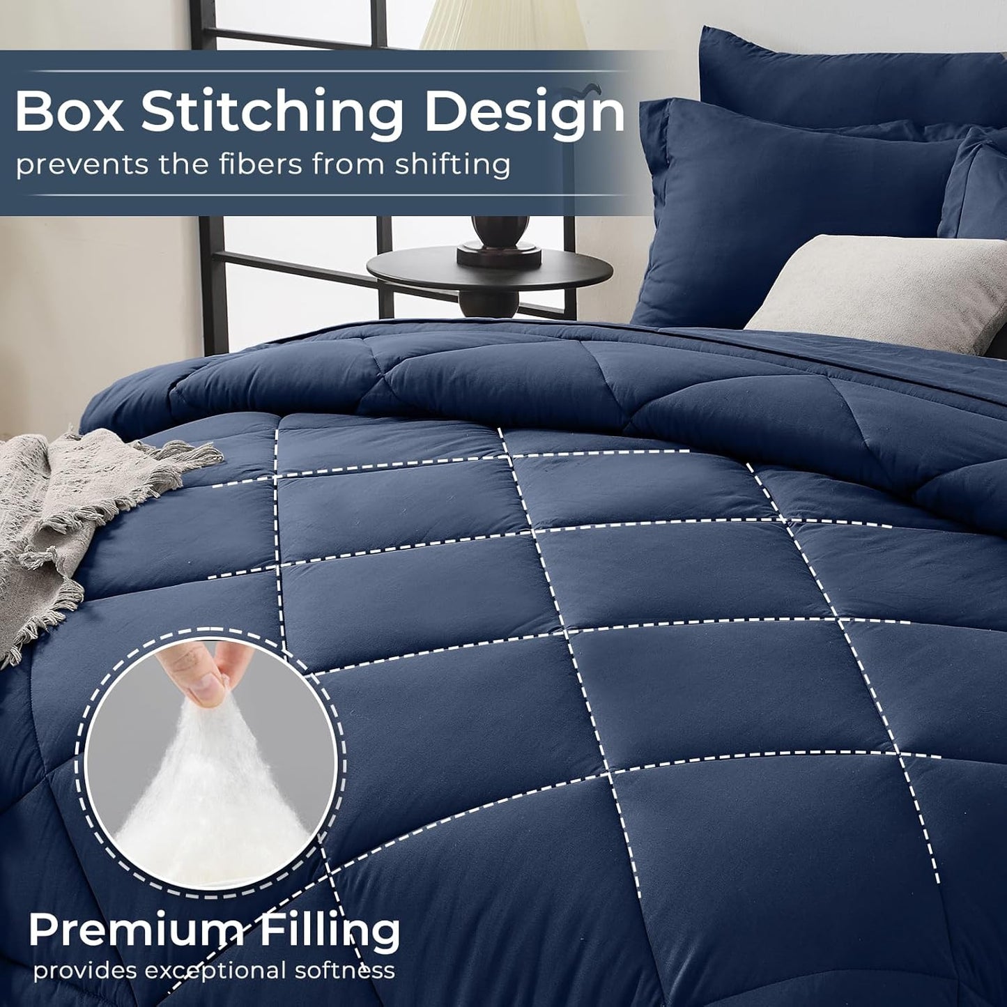 HEVUMYI Navy Blue Full Comforter Set - 7-Piece All Season Bed in a Bag Full, Ultra Soft Bedding Set with Comforter, Flat Sheet, Fitted Sheet, Pillowcases, Pillow Shams, Navy Blue