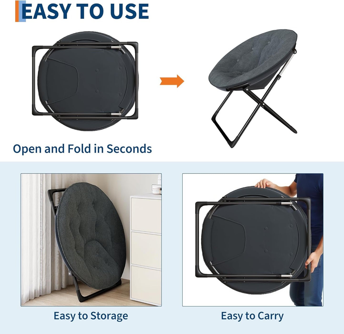 Saucer Chair, XL Foldable Lounge Chair for Bedroom/Dorm, Plush Comfy Seat with Non-Slip Base for Teens & Adults, Faux Fur Accent Chair, Gray