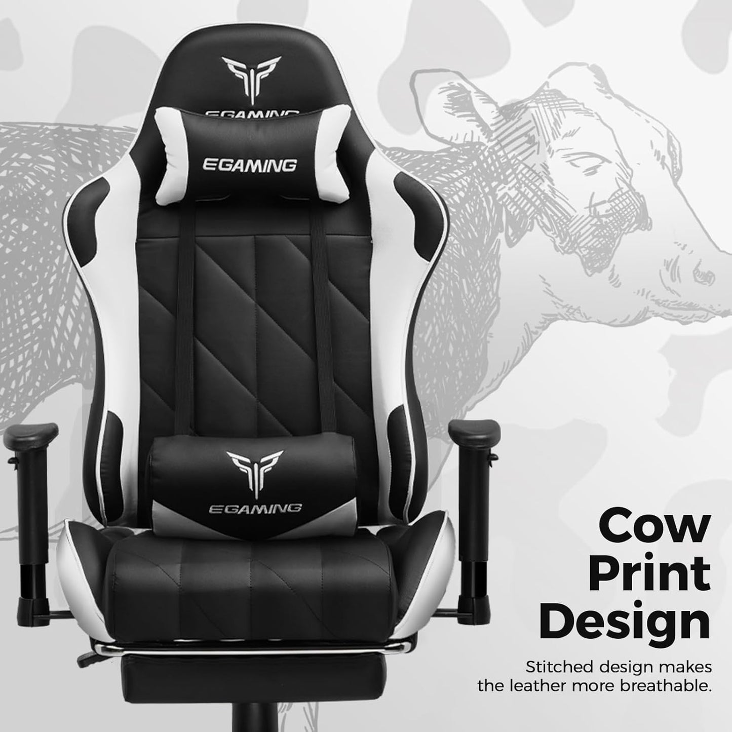 Gaming Chair with 3D Adjustable Armrests, Cow Print Design, Ergonomic Office Chair with High Back, Computer Chair with Footrest,Comfy Diamond Stitching Sest, Game Chair for Adults