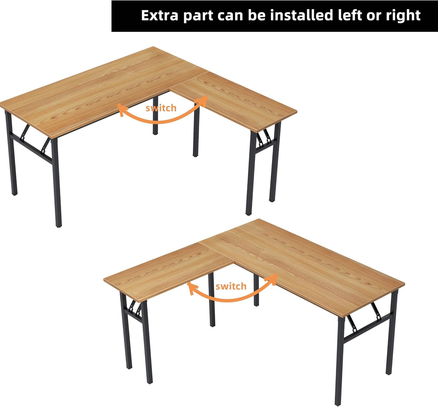 Need L Shaped Folding Desk, Reversible Computer Desk for Home Office, Large Foldable Gaming Desk Table Workstation, Teak and Black