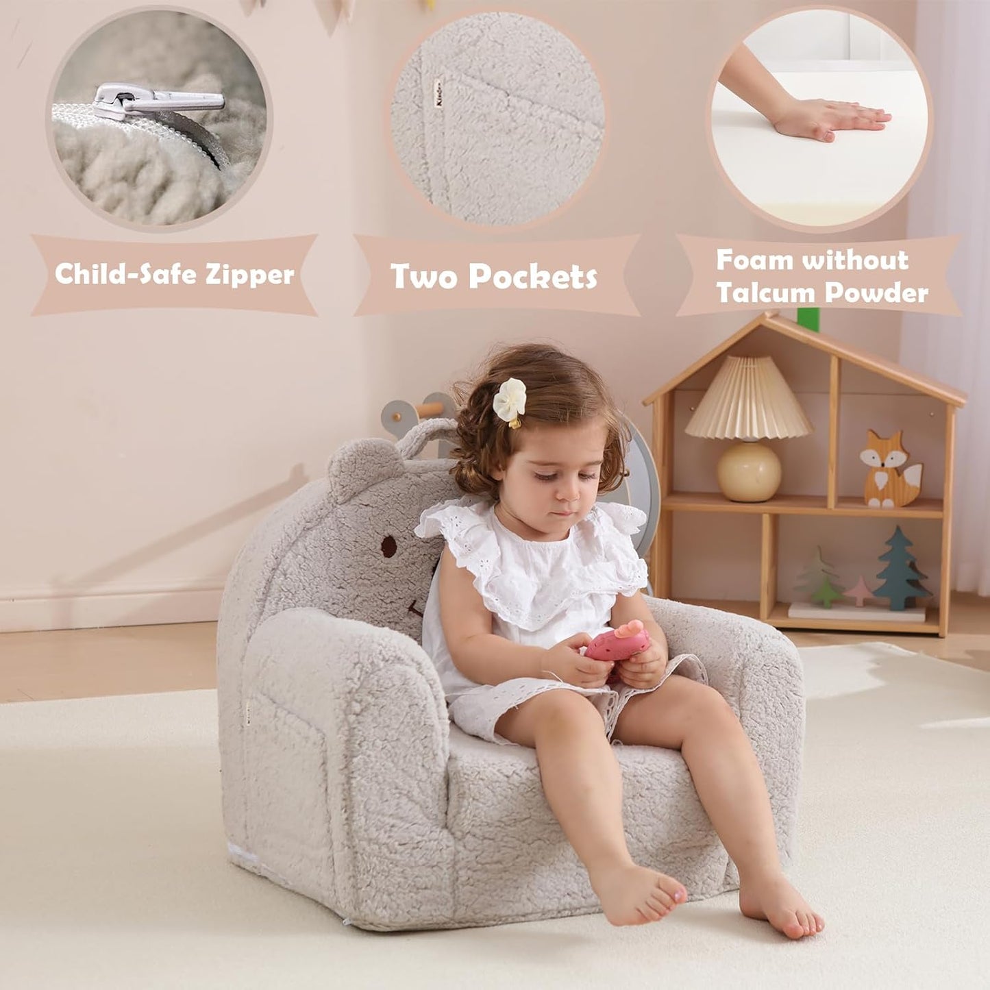 Toddler Chair,Sherpa Bear Kids Chair,Toddler Couch Fold Out,Children Reading Chair,Flip Out Kids Couch,Toddler Sofa Convertible for Age 1-3(Grey Bear)