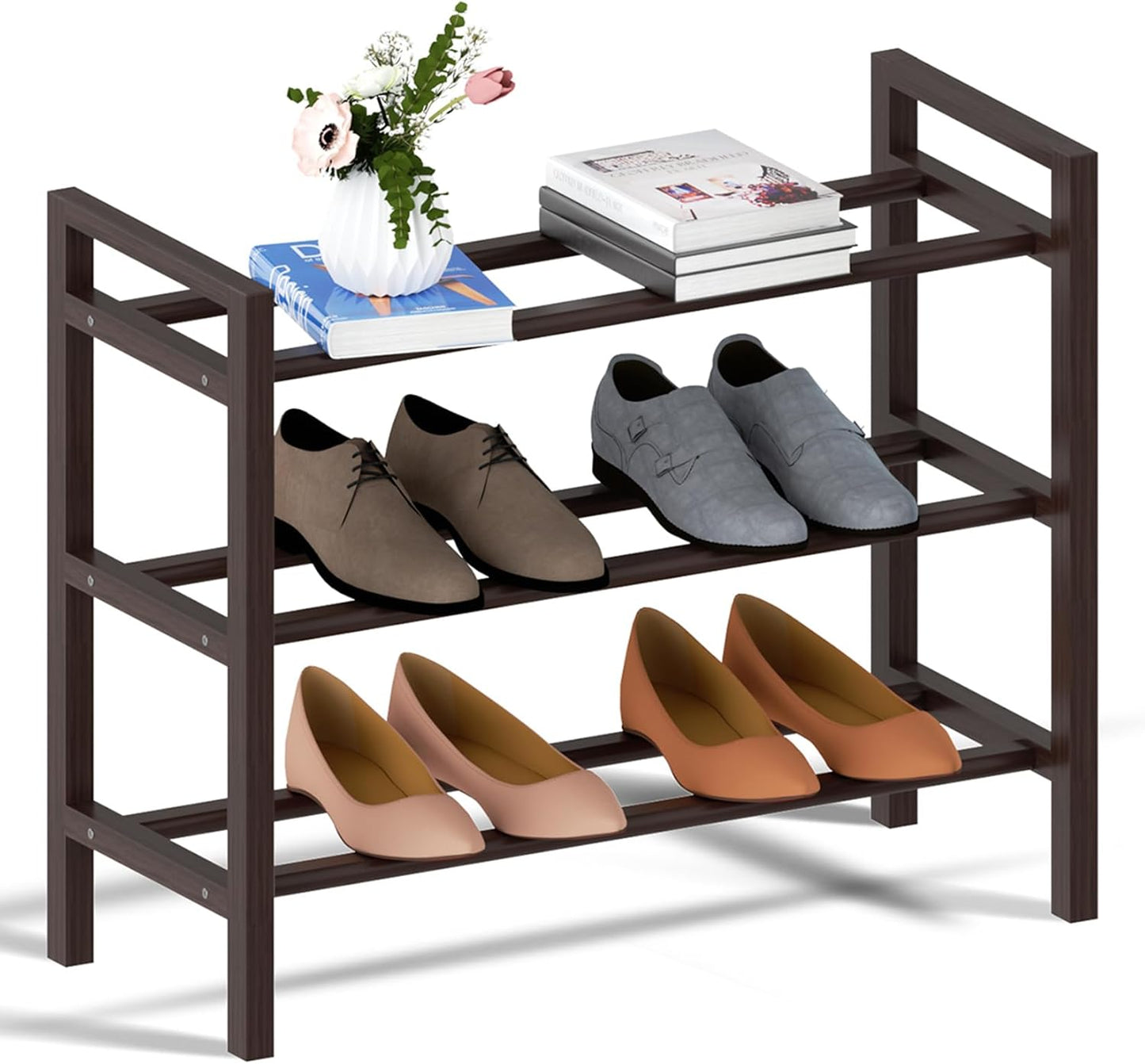 Haddockway Bamboo Shoe Rack for Closet, Free Standing Shoe Organizer with Smooth Round Rods & Convenient Handles, Stackable Shoe Storage Shelf for Entryway, Hallway(Brown, 3-Tier(Small))