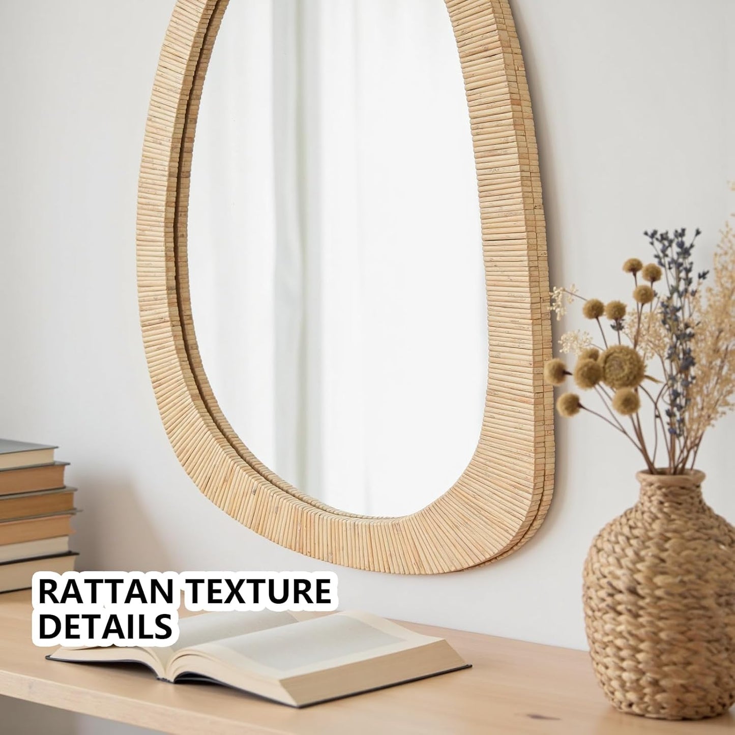 H HOMEWINS Rattan Mirror for Wall,30'' x 20" Wooden Framed Farmhouse Boho Wicker Coastal Irregular Vanity Mirror for Bathroom Living Room Entryway