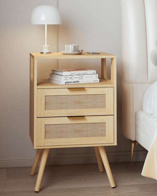 Rattan Nightstand,Farmhouse Bedside Table with 2 Storage Drawer and Open Wood Shelf, for Bedroom and Small Spaces,Night Stand with Solid Wood Legs (Yellow Oak)