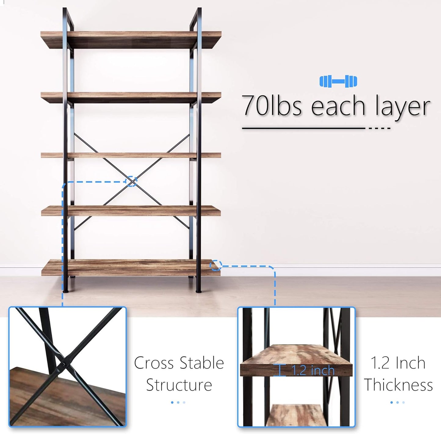 45MinST 5-Tier Vintage Industrial Style Bookcase/Metal and Wood Bookshelf Furniture for Collection,Vintage Brown, 3/4/5 Tier (5-Tier)