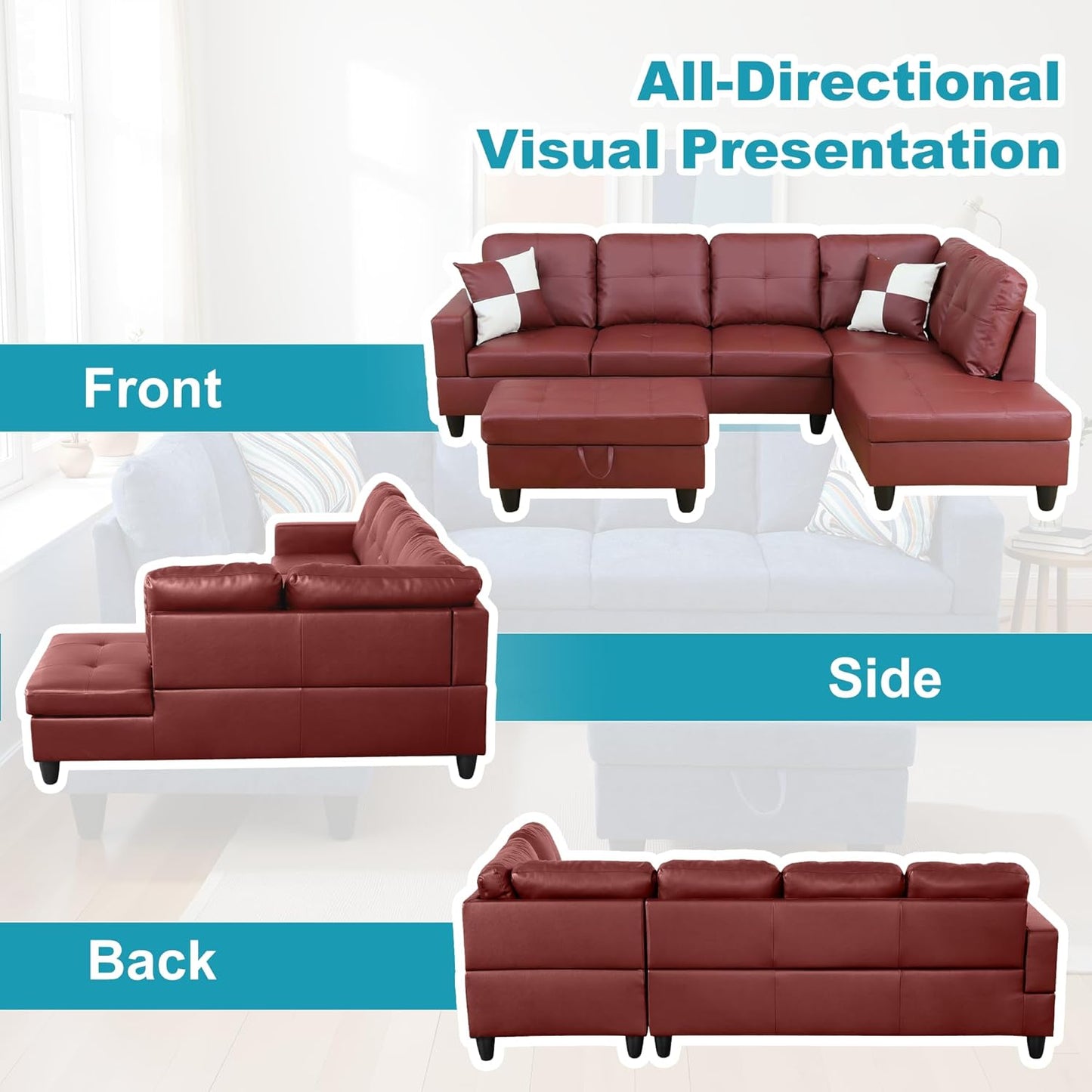 Couches for Living Room Faux Leather L Shaped Couch Comfy 3 Pieces Sectional Sofa with Chaise, Ottoman with Storage for Office and Small Apartment, Dark Red