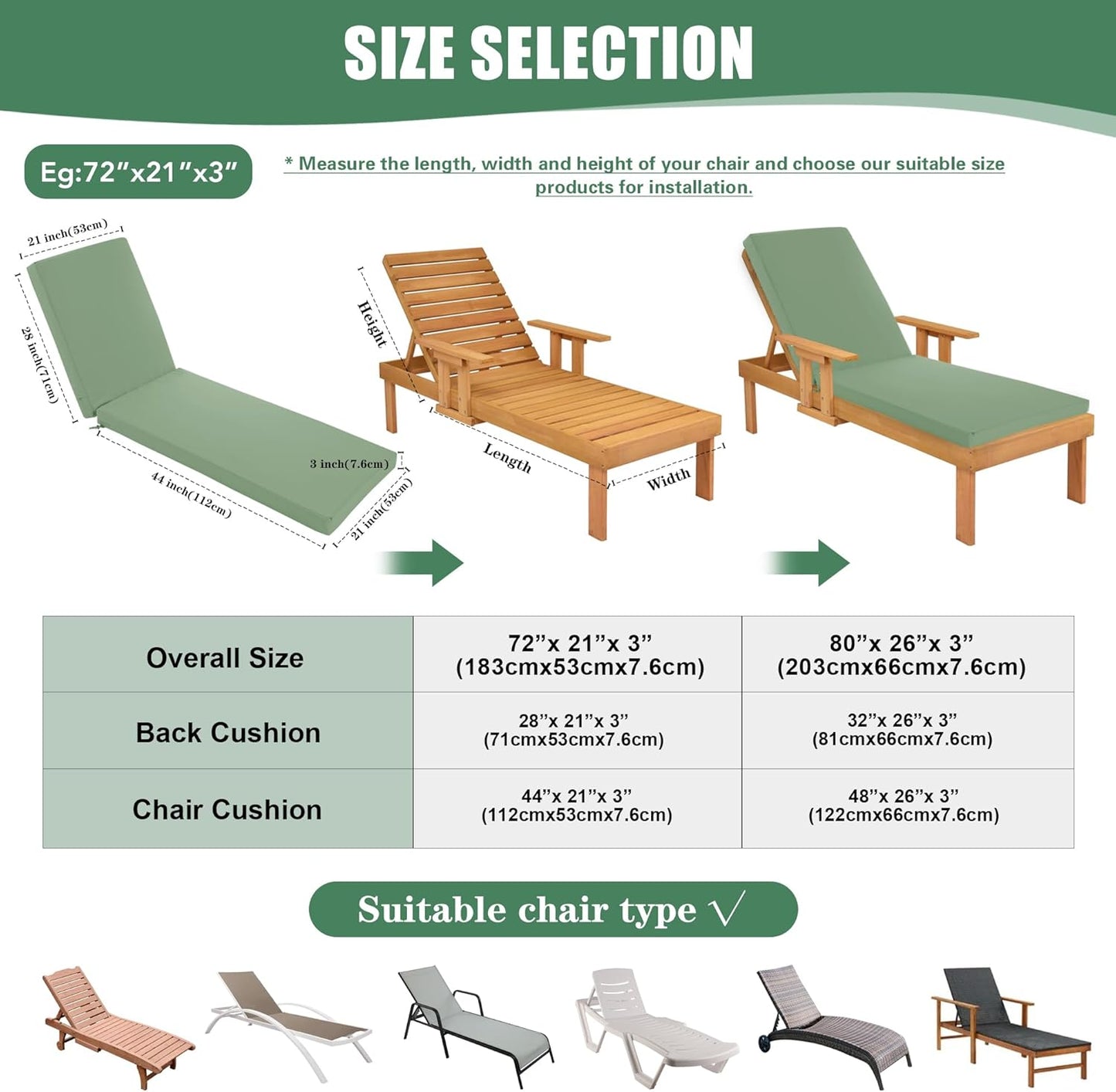 Chaise Lounge Cushions Outdoor Set of 4 - Waterproof and Fade Resistant Sun Lounger Replacement Cushions - Patio Lounger Pads with Removable Cover for Pool, Deck, 80 x 26 x 3 Inch, Sage Green