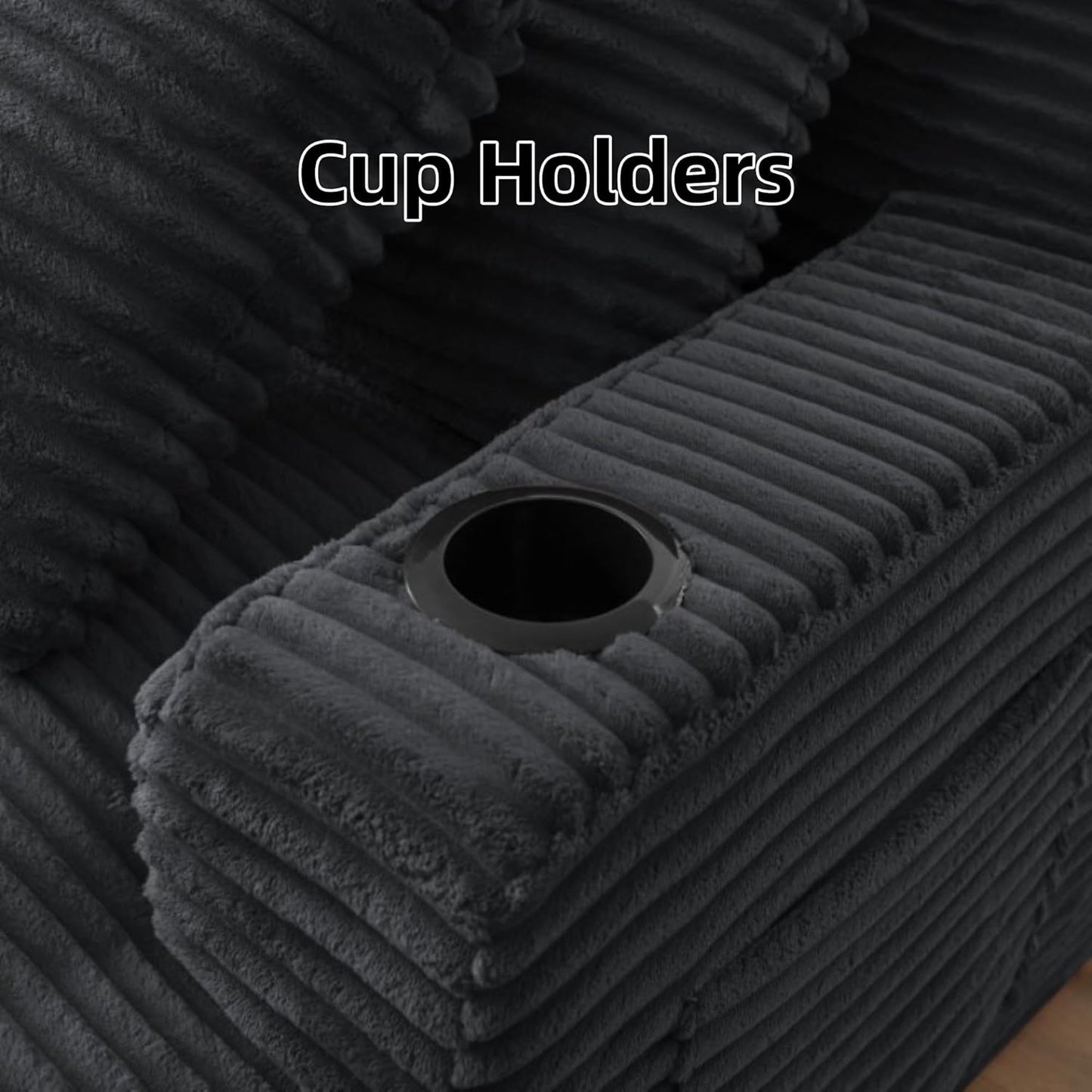 Oversized Sectional Double Chaise Lounge, Compressed Boneless Lounge Chaise with Cupholders, Boneless Sofa with Deep Seat, Fluffy Modern Sleeper Loveseat for Indoor Living Room, Dark Grey