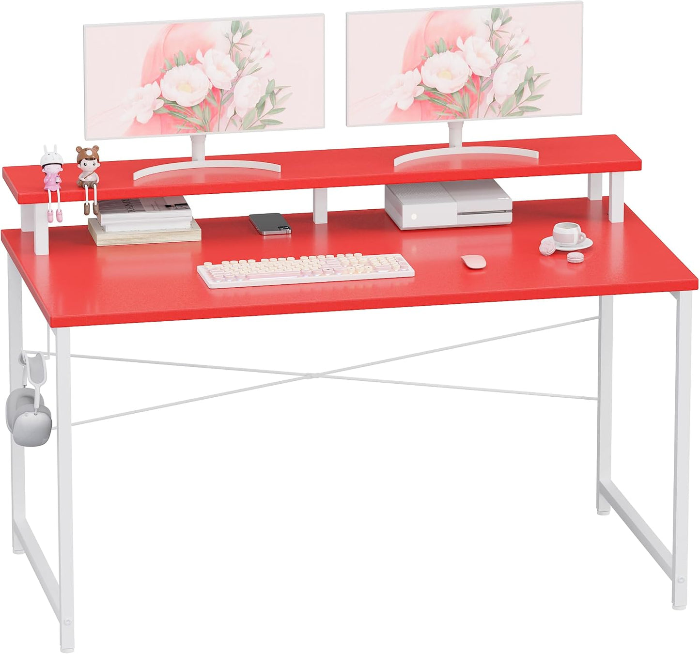 Pamray 47 Inch Small Computer Desk with Monitor Stand, Simple Office Desk with Headphone Hook for Small Spaces, Kids Study Writing Table for Bedroom, Red