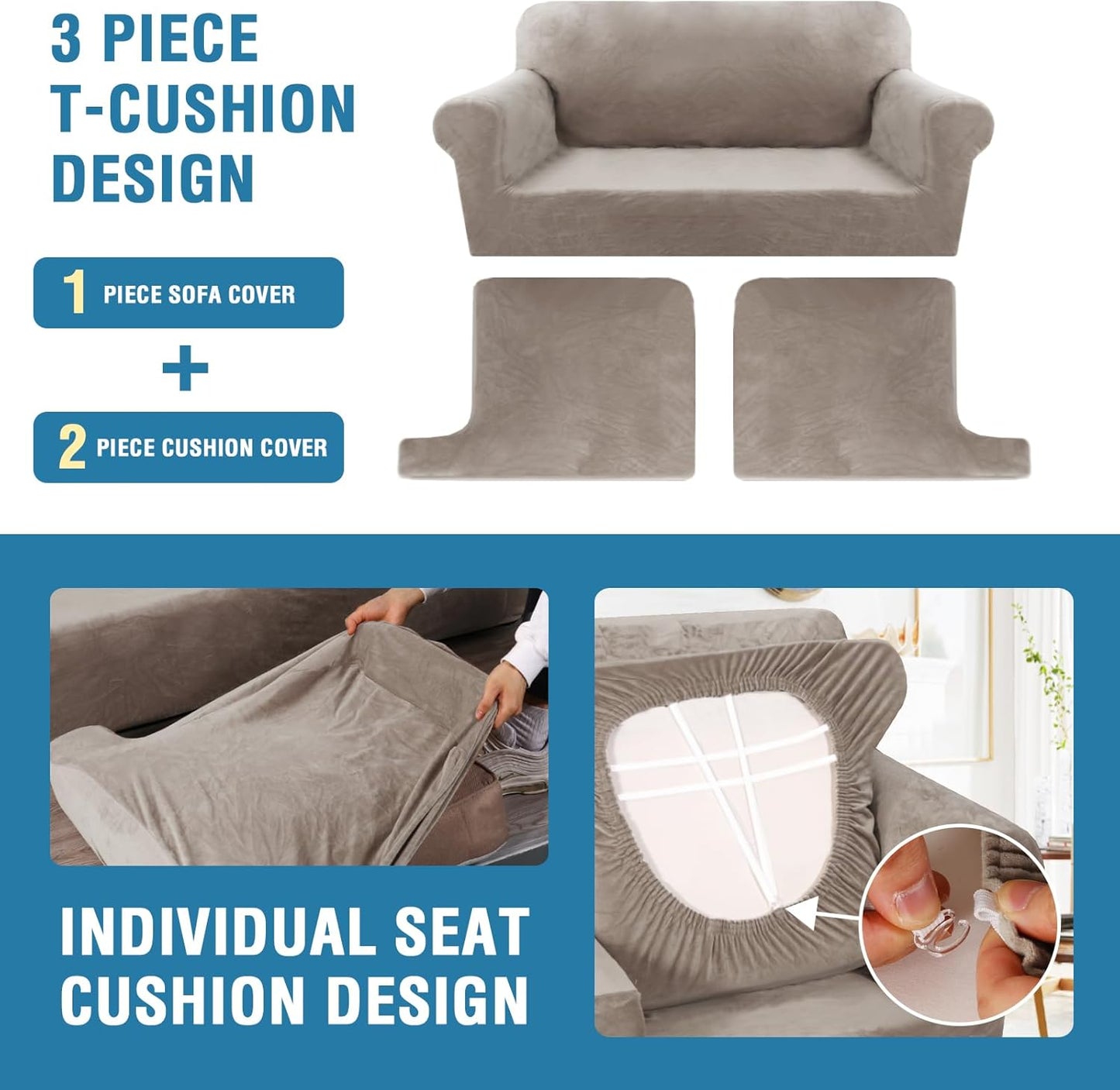 H.VERSAILTEX Sofa Cover 3 Piece T Cushion Sofa Slipcovers Thick Velvet Couch Cover Furniture Protector Stretch T Cushion Sofa Covers for 2 Cushion Couch with 2 T Cushion Covers Washable, Taupe