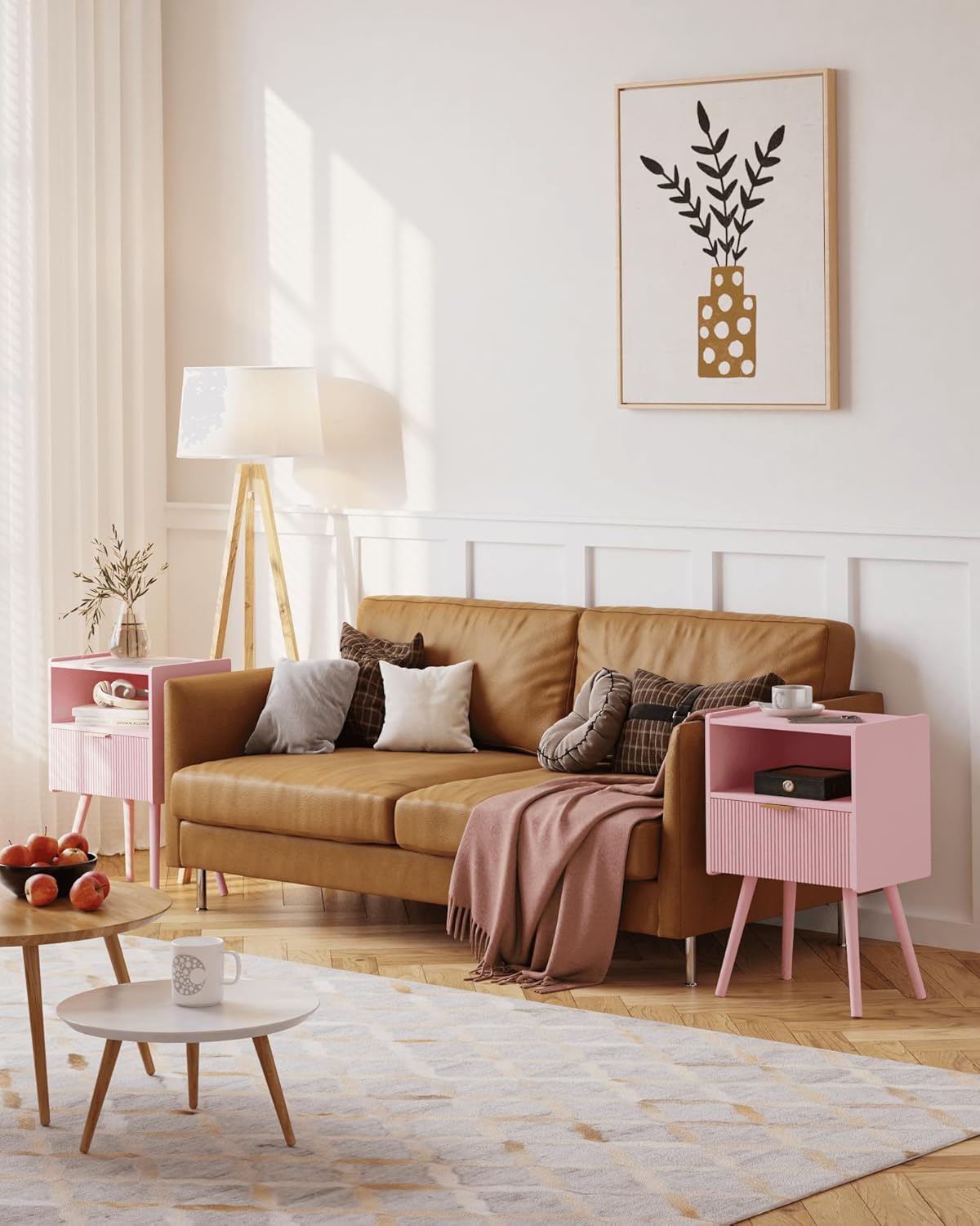 Nightstand,Modern Bedside Table with Storage Drawer and Open Wood Shelf, for Living Room, Bedroom and Small Spaces, Accent Night Stand with Solid Wood Legs, Easy Assembly,Classic Pink