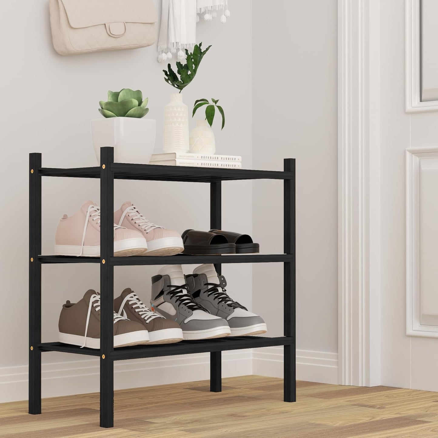 3-Tier Bamboo Small Shoe Rack, Free Standing Wood Shoe Shelf Storage Organizer for Closet Entryway Stackable (Black)