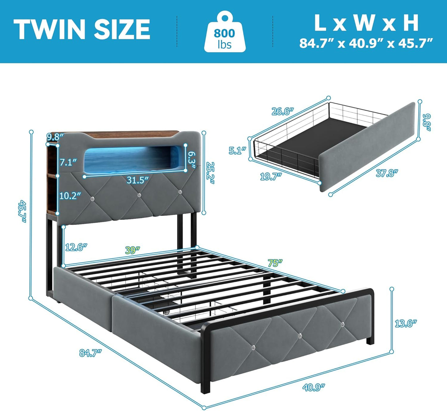 Twin Upholstered LED Bed Frame with 2 Storage Drawers and 2-Tier Storage Bookcase Headboard, Velvet Platform Bed for Kids/Girls/Boys, Corner Bed Frame, Heavy Duty Metal Support, Grey