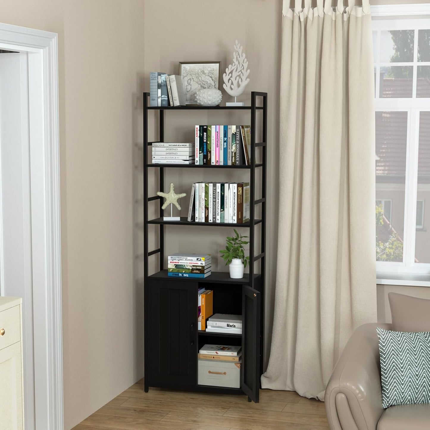 Black Bookshelf with Doors,70" Tall Bookcase with Storage Cabinet,6 Tier Book Shelf for Living Room/Bedroom/Office/Kitchen,70"(H)*26"(L)*11.8"(W)