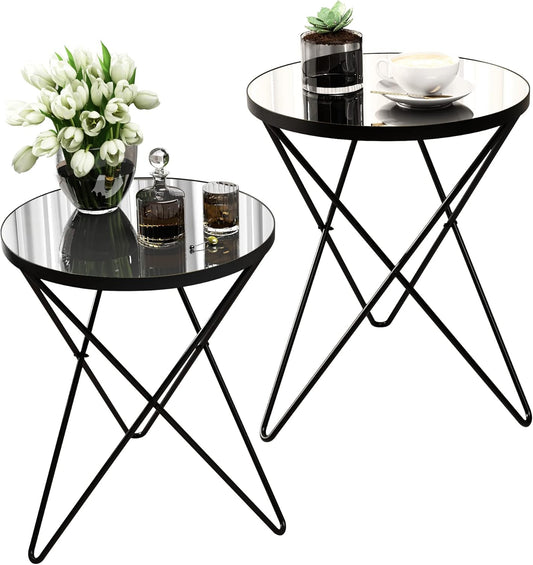 HLR Modern Round Side Table Set of 2, End Table with Marble Effect Top and Gold Metal Frame, Small Side Table for Living Room, Bedroom, Sofa and Couch, Black Legs, Mirror top