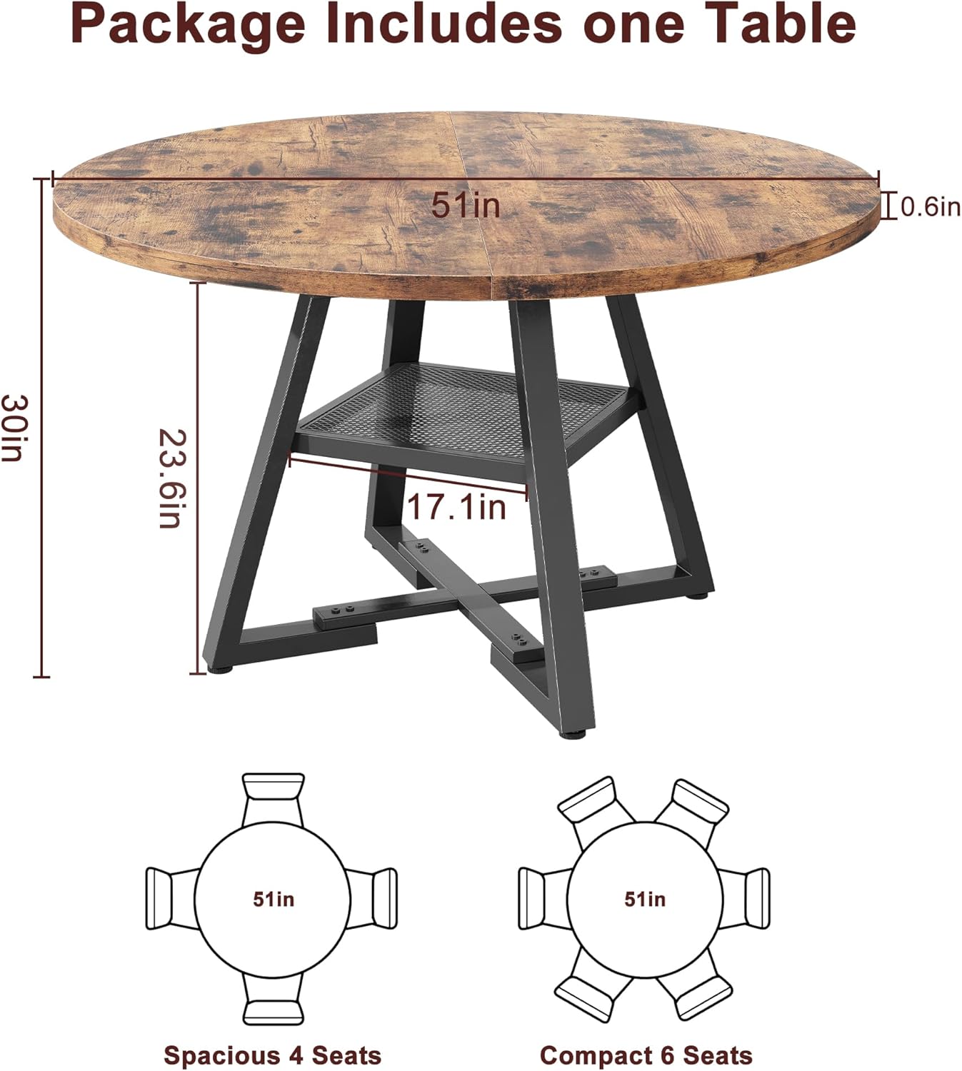 51'' Round Dining Table for 6,Kitchen Dining Room Circle Dinner Pedestal Table,Space Saving Wood Kitchen & Dining Room Furniture (Vintage, 51In)