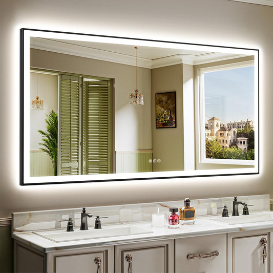 72x36 Inch LED Bathroom Mirror with Lights (Front Lit and Backlit) Black Framed Lighted Vanity Mirror for Bathroom Wall Dimmable Anti-Fog Memory Tempered Glass Horizontal/Vertical