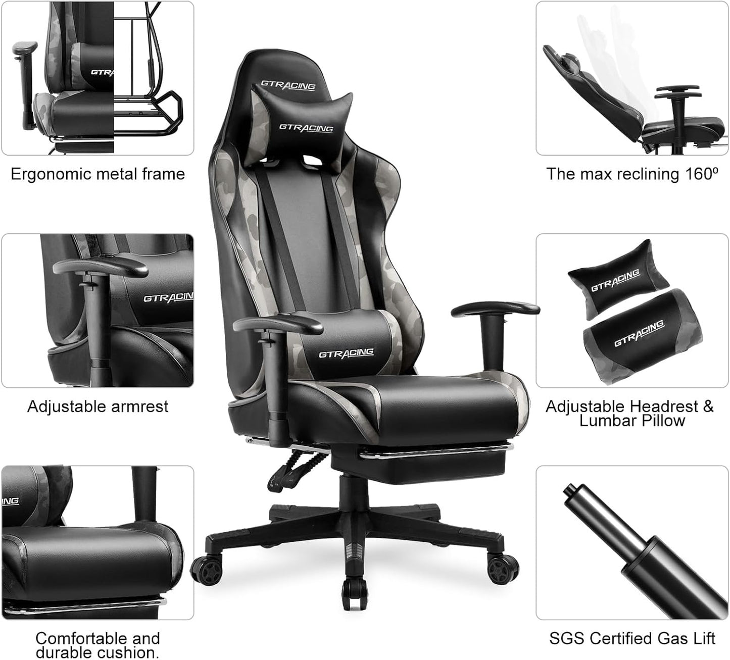 GTRACING Gaming Chair with Footrest, Ergonomic Computer Game Desk Chair, Reclining Gaming Chair Seat Height Adjustment, Swivel Rocker with Headrest and Lumbar (Camouflage)