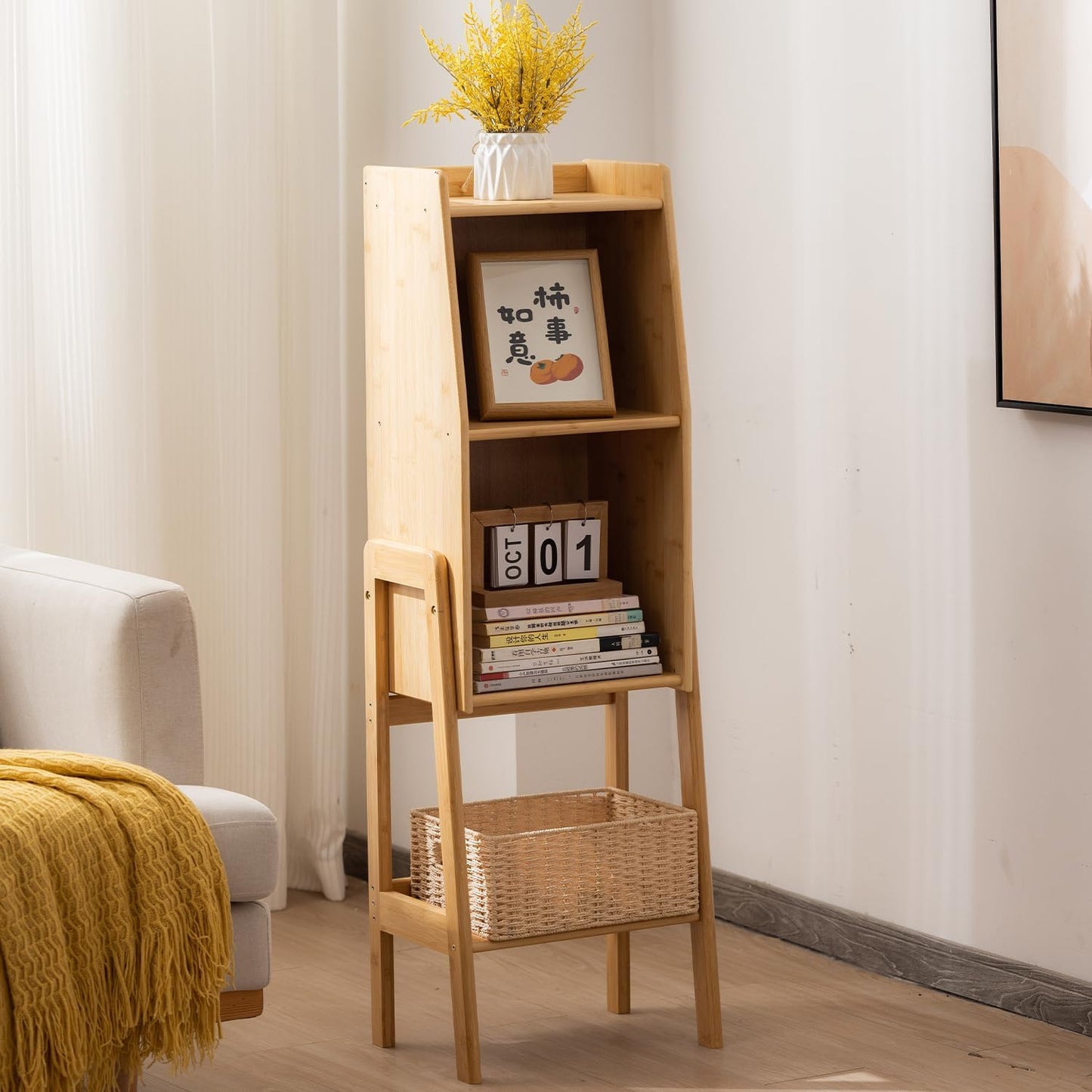 3 Tier Bamboo Bookcase, Classical Modern Bookshelf, Dispaly Shelves, Bamboo Wood Organizer Book Shelf for Living Room Home Office-Natural, Medium