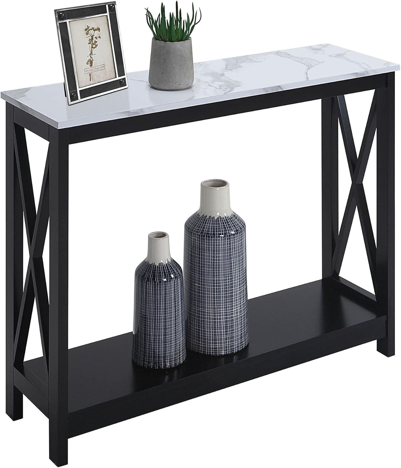 Convenience Concepts Oxford Console Table 39.5" - Sofa Table with Storage Shelf, Transitional Entryway Hall Table for Living Room and Bedroom, Display Foyer Table, White Faux Marble/Black