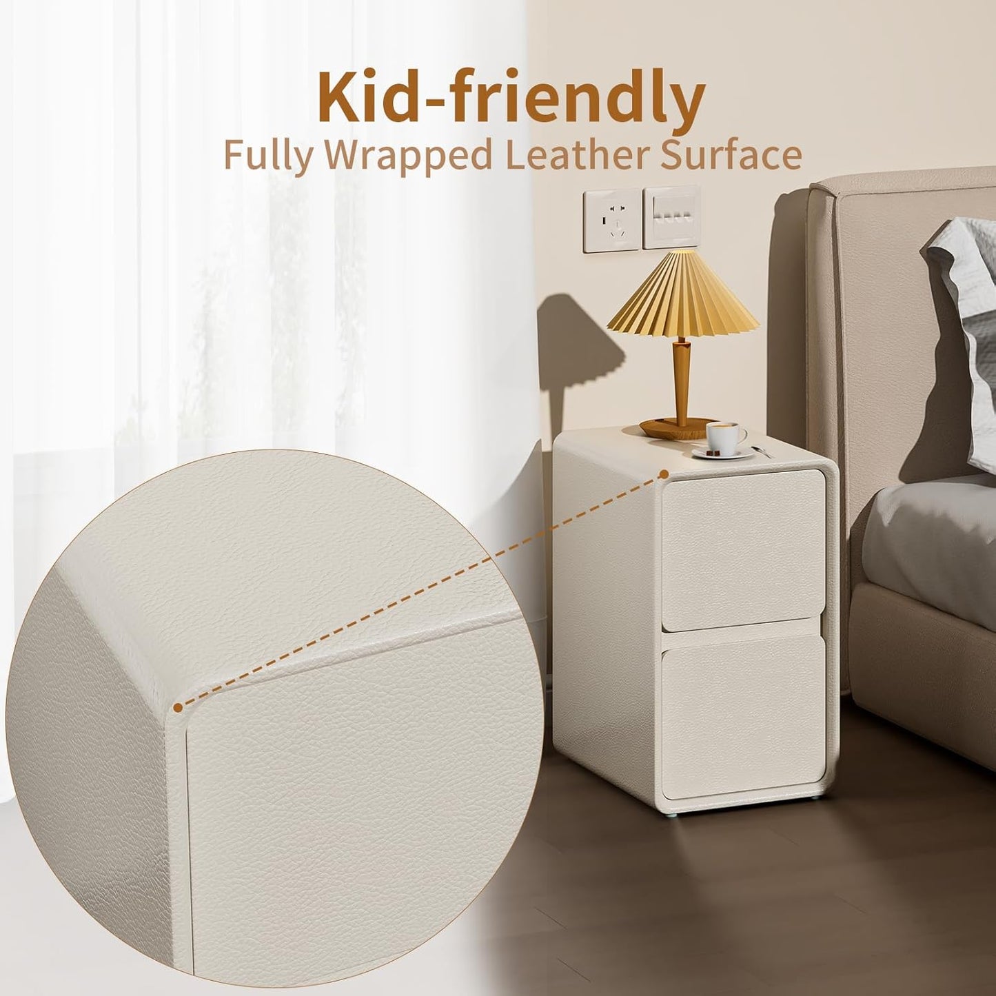 VICITON Modern Narrow Faux Leather Nightstand, Solid Wood Drawer, Storage Accent Table, Small Side End Table for Bedroom (Cream White, Nomal(12 inch))