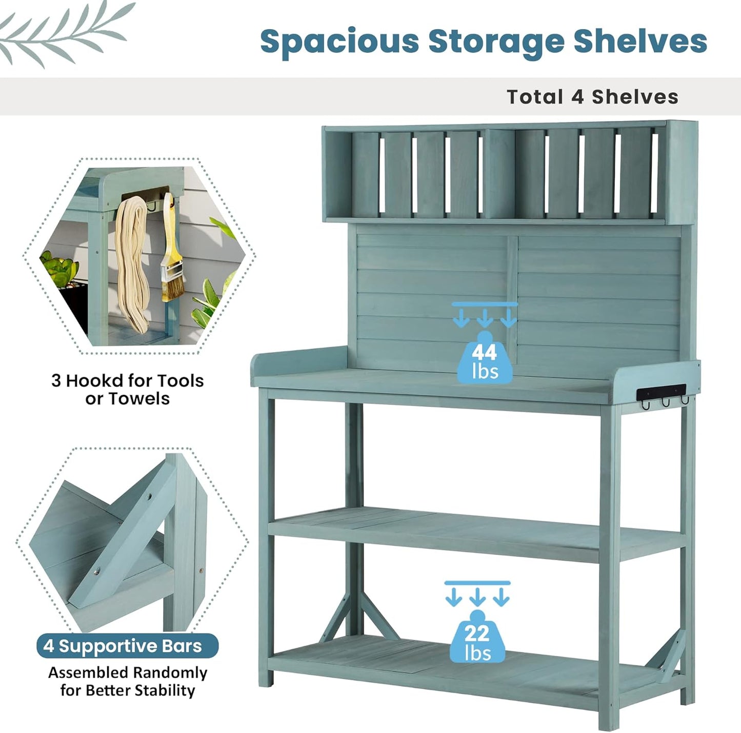 Merax 65" Large Wooden Farmhouse Rustic Outdoor Potting Bench Table with 4 Storage Shelves and Side Hook, Patio Workstation, for Garden, Backyard, Green