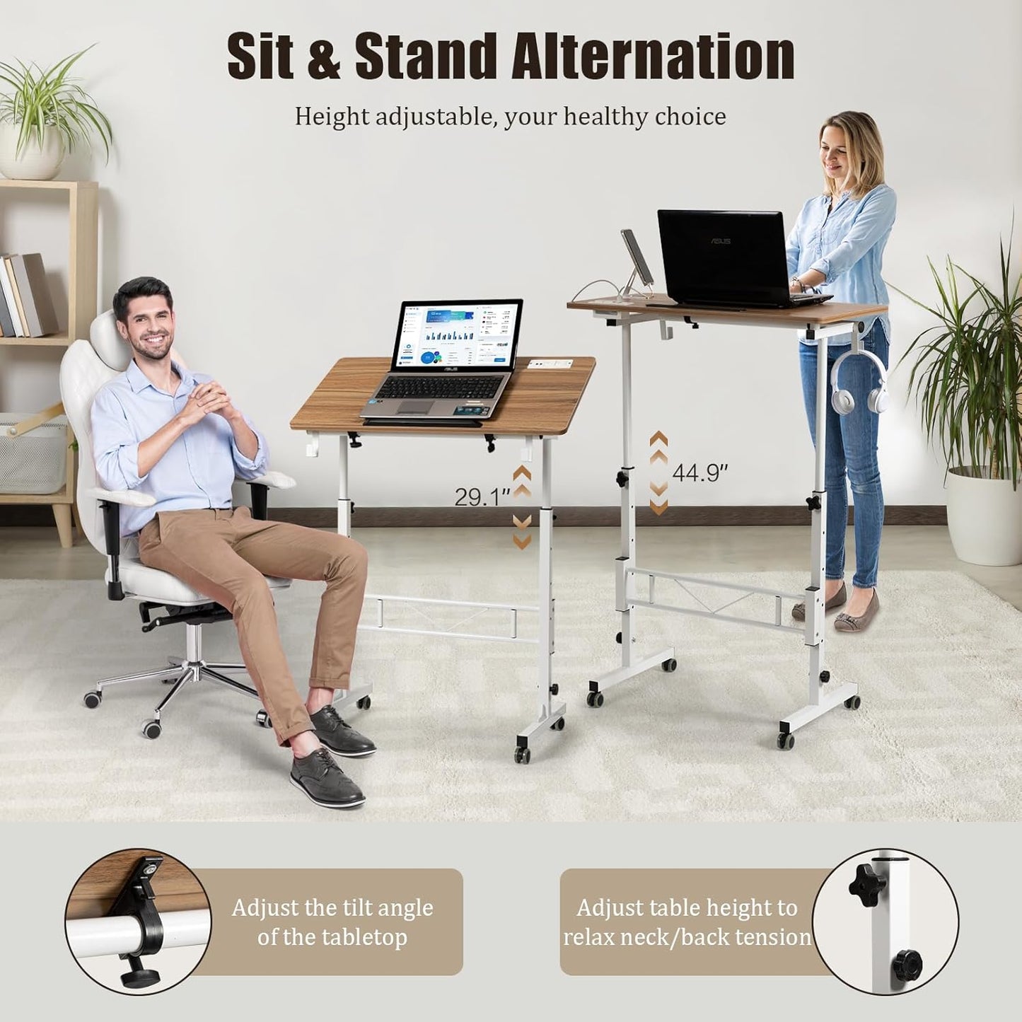 SIDUCAL Standing Desk Height Adjustable with Tiltable Tabletop, Rolling Laptop Desk with Charging Station, Sit Stand Portable Stand Up Desk with Wheels, Vintage Oak