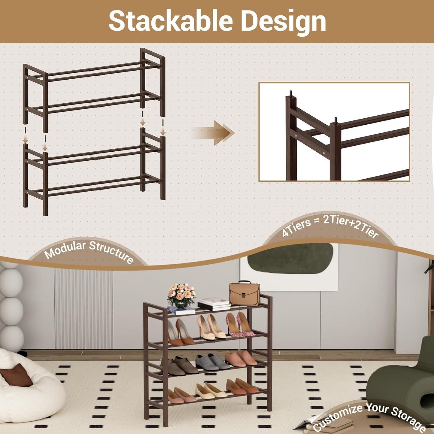 Haddockway Bamboo Shoe Rack for Closet, Free Standing Shoe Organizer with Smooth Round Rods & Convenient Handles, Stackable Shoe Storage Shelf for Entryway, Hallway(Brown, 4-Tier)