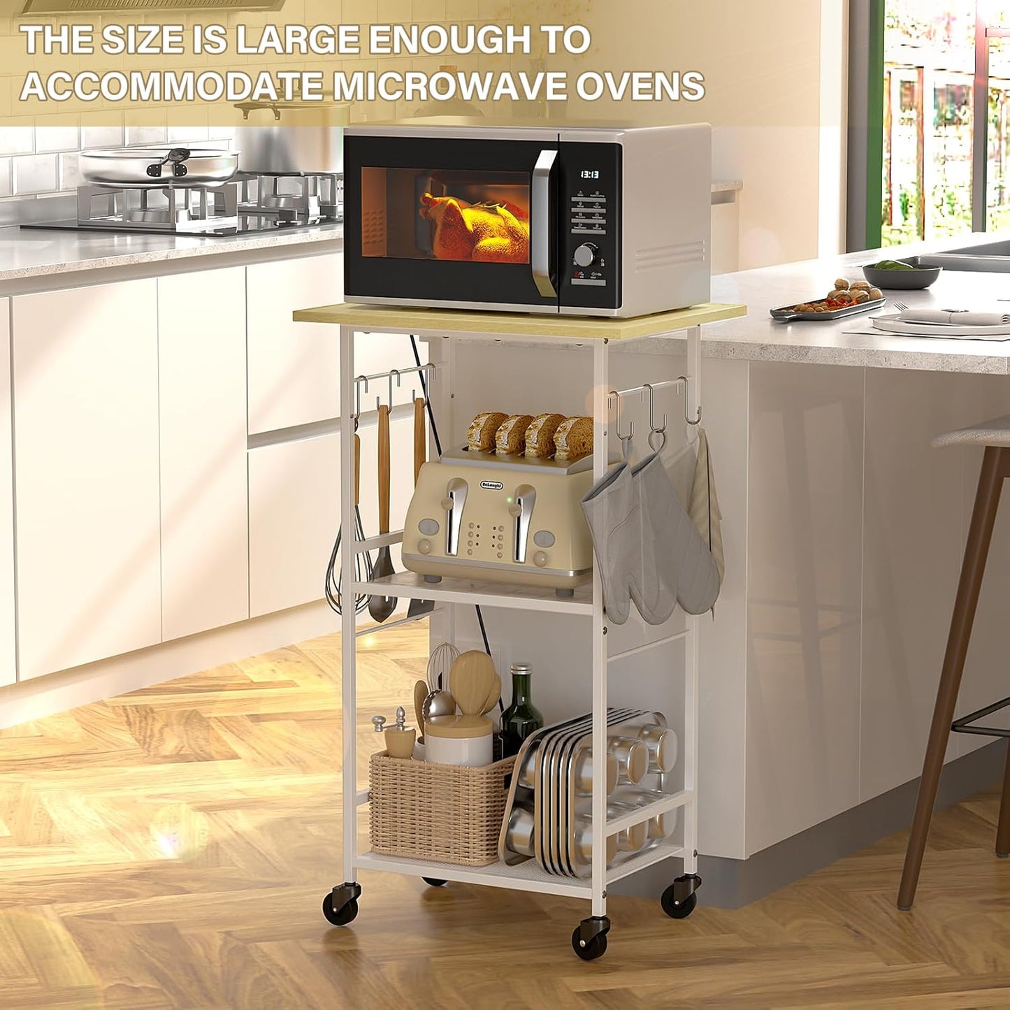 Rolling Kitchen Microwave Cart, 3 Tier Microwave Table Stand with Adjustable Shelf, Kitchen Storage Rack on Wheels, Coffee Station Cart Rack Shelf Organizer for Living Room Office, Balcony