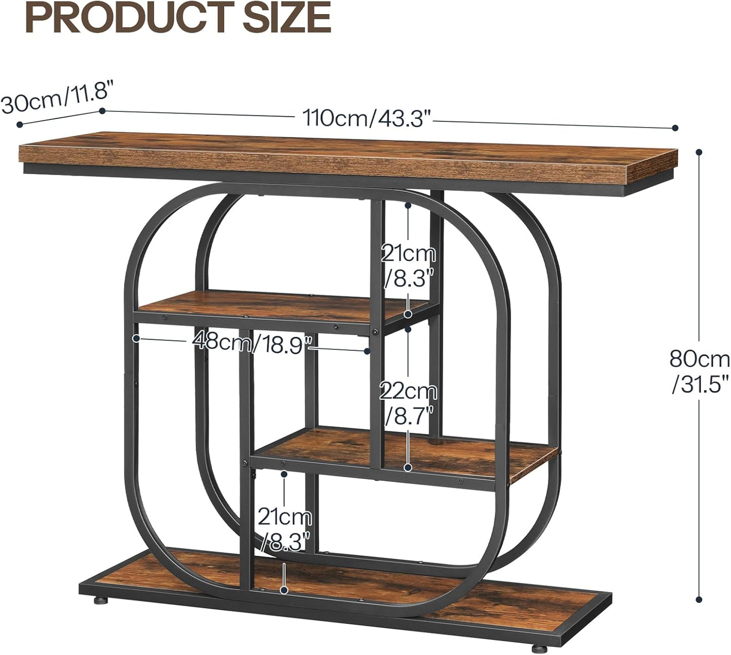 HOOBRO 43.3" Console Table, 4-Tier Sofa Table, Industrial Entryway Table, Behind Couch Table, Accent Table with Storage Shelf for Entryway, Foyer, Living Room, Bedroom, Hallway, Rustic Brown BF65XG01