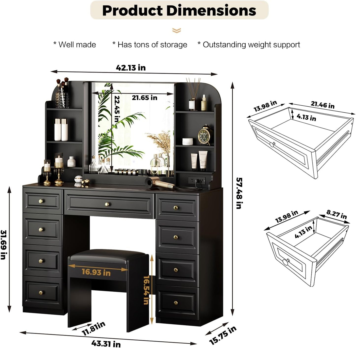 43" Makeup Vanity Desk with Mirror and Lights, & Power Outl, Glass Top Big Vanity Table with 9 Drawers& 8 Storage Shelves, Dressing Table Set with Chair for Bedroom, Black