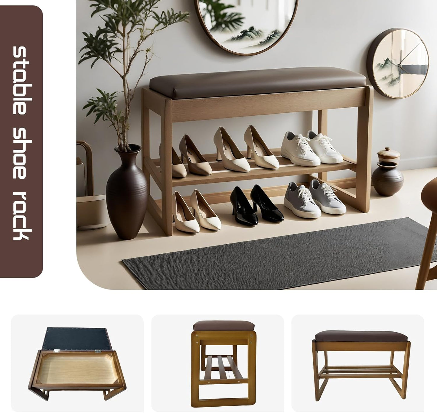 2-Tier Wood Shoe Bench with Flip-Top Storage Cabinet, 23.6", Entryway Bench with Shoe Storage, Front Door Shoe Rack（Walnut）